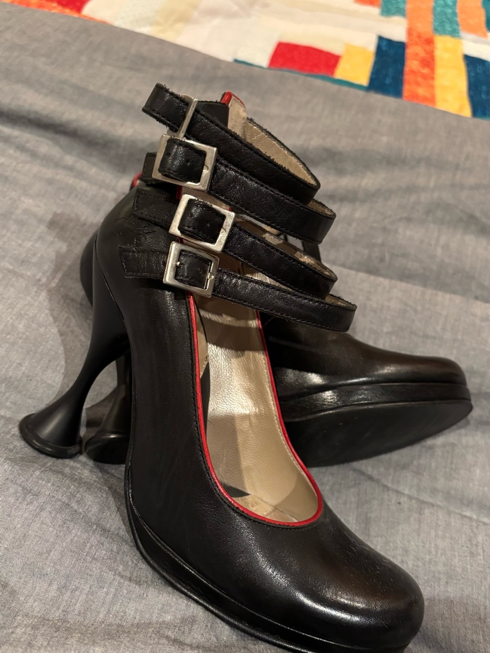 Women’s Black Leather Mary Jane Heels with Triple Ankle Straps
